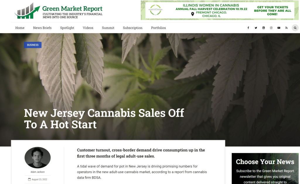 Green Market Report New Jersey Cannabis Sales Off To A Hot Start BDSA